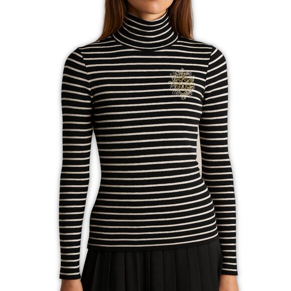 Express Black Metallic Crest Logo Turtleneck Long Sleeve Top S Y2K - Picture 1 of 10